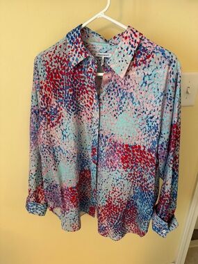 Foxcroft Multicolor No Iron Linen  Button-Down Blouse in Aqua, Red & Blue